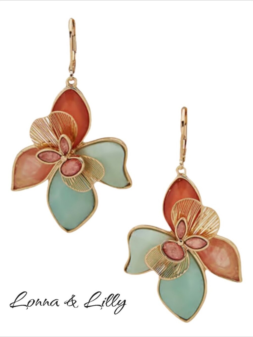 Lonna & Lilly Gold Tone Pastel Flower Butterfly Drop Leverback Earrings NWT